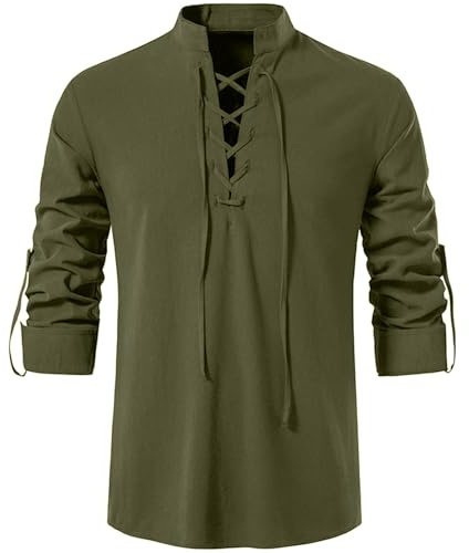 Rodawu Camisa vikinga/Henley para hombre, azul, talla regular, manga larga, cuello con cordón, color sólido, perfecta para hombres, entusiastas de la historia, edades versátiles, verde oscuro, 3XL