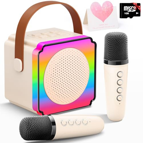 Gontence Micro Karaoke Enfant avec 2 Micro sans Fil, Cadeau Anniversaire Fille et Garçon 3-12 Ans, Micro Karaokeavec LED, Effets Vocaux et Carte Cadeau, Jouet Enfant pour Chanter-Beige