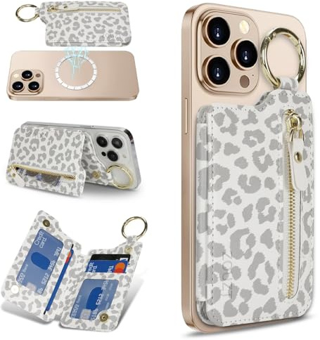 Zouzt für MagSafe Wallet, Magnetischer Handy Kartenhalter Reißverschluss, Zipper Wallet mit verstellbarem Ständer, Ring Schlüsselanhänger for iPhone 16 Pro Max/16e/16/15/14/13/12, Weisser Leopard