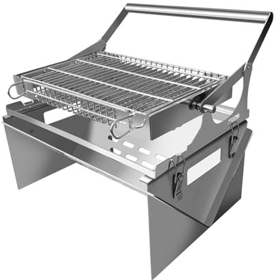 Parrilla de carbón giratoria de 360° de acero inoxidable, parrilla portátil de barbacoa de carbón para acampar con patas plegables para patio al aire libre, patio trasero, parrilla de camping