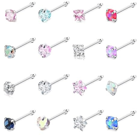 SEEDRILL 16 Pcs Hypoallergenic 20G Nose Rings Studs 316L Surgical Stainless Steel Nose Rings for Women 3mm CZ&Opal Labret Lip Nose Piercing Jewelry Straight Nose Studs 20 Gauge Nose Studs Straight Bar