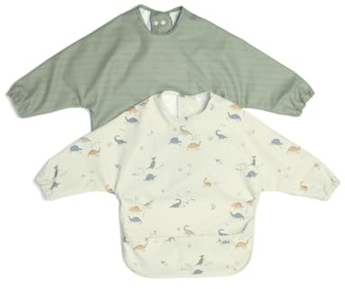 Mamas & Papas 2-Pack Long Sleeved Waterproof Bibs - Dino | Full Coverage Baby Bibs, Waterproof Weaning Bibs, Wipe-Clean Baby Bibs, Elasticated Sleeves, Easy To Clean
