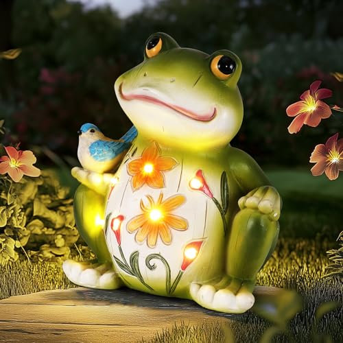 Miawtro Décoration de jardin en forme de grenouille - Étanche IP65 - Avec lumières LED - En résine - Avec interrupteur automatique - Décoration de jardin pour la famille, les amis, le jardin