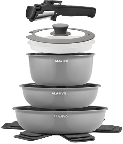 Topfset mit Abnehmbarer Griff, 9-Teilig Topfsets Pfannenset mit Antihaft Beschichtet, Topfset Induktion Kochtopf Set mit Deckel, für Alle Herdarten, Backofenfest, Ofenfest (grau)