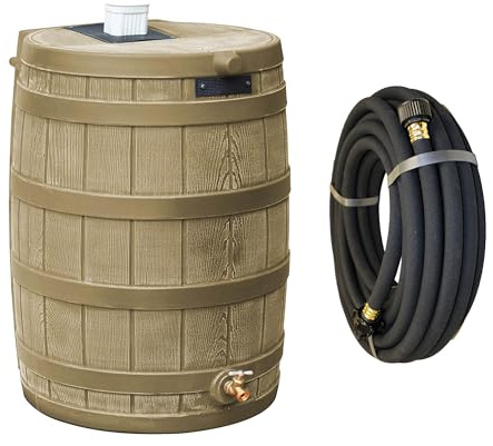 Good Ideas Rain Wizard 50 Gallon Plastic Rain Barrel, Khaki Bundled with 50 Foot Soaker Hose, Gradual Water Release to Plants, for 3/4 Spigots, Black