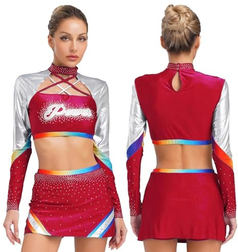 EURDFHY Cheerleader outfit Womens Shiny Rhinestone Cheerleader Costume Cheerleading Uniform School Girls Cosplay Outfits Crop Tops With Dance Skirt Set(Deep red,M)