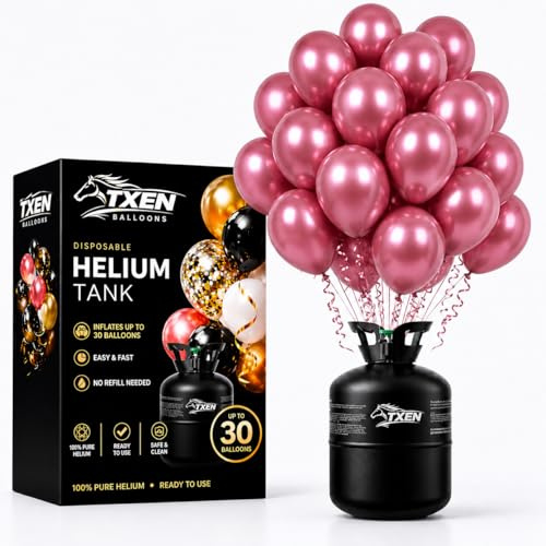 TXEN 7L Disposable Helium Balloon Canister – Inflates Up to 30 Balloons | 100% Pure Helium Tank for Balloons | Includes 50 Rose Gold Chrome Balloons | Ready-to-Use for Parties & Events (7 L)