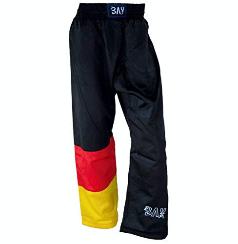 BAY® Germany Kickboxhose, Größe S, Thaiboxhose lang, Hose Kickboxen Kick-Boxen Thaiboxen Muay Thai, Satin, schwarz, rot Gold gelb, BRD Deutschland Nationalfarben