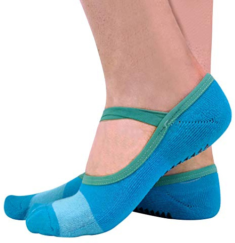 2 Pairs Ladies Cotton Non Slip Grip Low Cut Invisible Pilates Yoga Socks with Straps (4-8 UK, Blue)