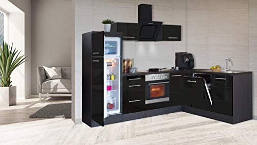 Respekta Küchenzeile Amanda RP260ESC Schwarz 260 cm Breite mit Elektrogeräten