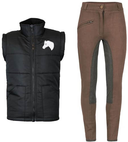 MS-Trachten Reitset Kinder Reitweste Mia schwarz gesteppt Fleecefutter mit brauner Reithose (134/140)