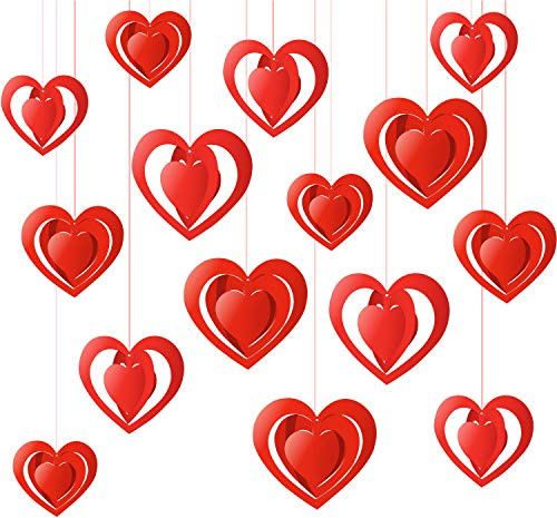 PTFNY 15 Pieces Valentine's Day 3D Heart Hanging Decorations Red Hearts Hanging Ornaments with Red Ribbons Party Supplies for Indoor Outdoor Bridal Shower Anniversary Wedding Party Decorations
