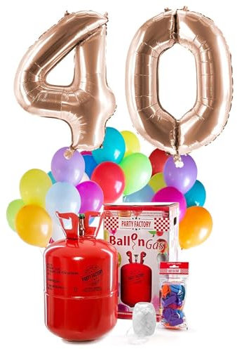 PARTY FACTORY Helium Geburtstags-Komplettset 40 - mit XXL Zahlenballons, 0,4m³ Ballongas, Ballonschnur & 30 bunten Latexballons - für Geburtstag, Jubiläum, Jahrestag in versch. Farben (Roségold)