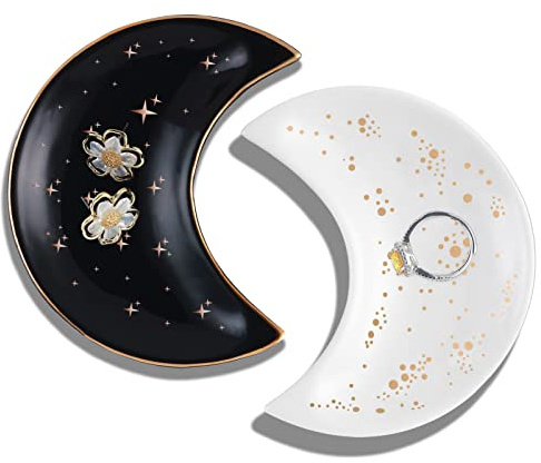 Titanape 2 pièces Coupelle à bibelots Lune Plat à bijoux, Porte-bague en céramique Rangement colliers bracelets, Bol à clés Plateau décoratif maison Décoration chambre, Cadeaux pour femmes, amie, sœur
