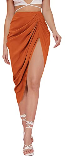 WDIRARA Women's Ruched Hign Split Midi Skirts Side Slit High Waist Wrap Skirt Burnt Orange Large