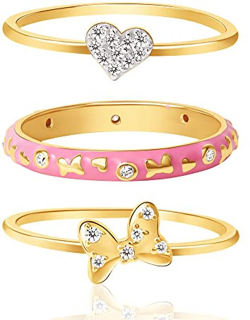 Disney Damen-Ring Trio-Größe 7–18 Karat vergoldetes Sterlingsilber – Minnie Maus Ringe – Zirkonia Herz Ring, Sterling Silber, Zirkonia, Sterling Silber, Zirkonia