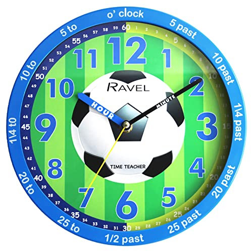 Ravel R.KC.12 Horloge murale d'apprentissage de l'heure pour enfant 25 cm Quartz Analogique Cadran Bleu Football Vert