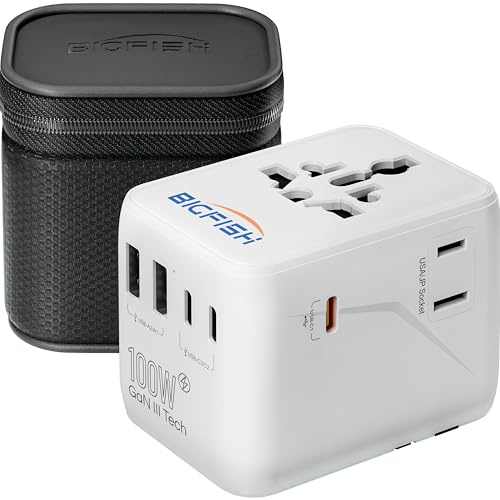 Bigfish Universal Travel Adapter, 100W GaN USB C Charger with PD Fast Charging (C1 Port), Worldwide Travel Charger for Laptop, 5 USB Port Plug, Dual 10A Fuses, EU/UK/US/AUS Plugs
