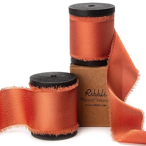 Ribbli Terracotta Silk Satin Ribbon - 1.5 Inch x 12 Yard Handmade Frayed Chiffon Burnt Orange for Gift Wrapping, Wedding Invitations, Bridal Bouquets & Home Decor
