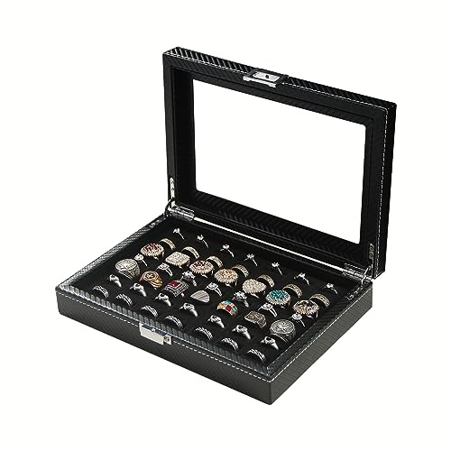 Byken Carbon Fiber Ring Cufflink Organizer for Jewelry,Rings Display Case,Small Travel Jewelry Box,49 Slots Cufflink Storage Tray with Glass Lid,Black