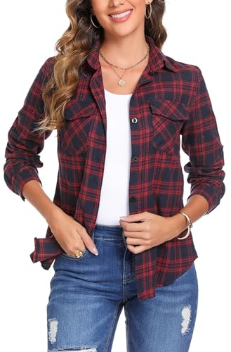 Irevial Camisa Mujer Cuadros Blusa Franela Manga Larga Casual Camiseta con Botones Camisa Cuadros Leñador Mujer para Primavera Otoño Invierno Azul Marino/Rojo M