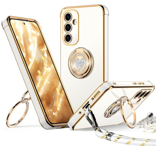 XYZ für Samsung Galaxy A54 5G Hülle mit Band, Herz Doppelring Ständer HandyHülle Handykette Frauen Mädchen Dünn Stoßfeste Anti-Kratzt SchutzHülle für Samsung A54 5G Case, Weiß
