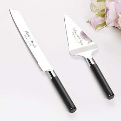 Personalized Cake Cutting Set for Wedding, Gold Silver Cake Knife and Server Set, Stainless Steel Custom Cake Serving Set, Engraved Pastry Pie Pizza Cutter Anniversary Christmas(Silver Black)