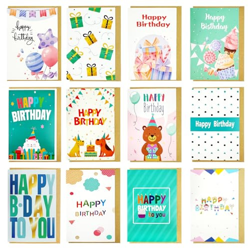 Carte Anniversaire, Lot de 12 Cartes D'anniversaire Pliables avec Enveloppes Naturelle, Cartes D'anniversaire pour Enfants Assorties, Cartes de Joyeux Anniversaire, Pour Famille, Amis et Collègues