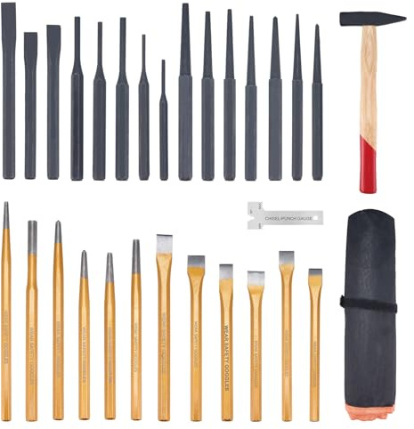 29-Piece Punch and Chisel Set with Cross Peen Hammer, Heavy Duty Punch and Chisel Set – Includes Cold Chisels, Taper Punches, Pin Punches, Center Punches & Roll-Up Pouch (29pcs)