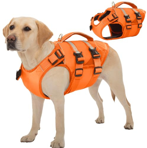 Kuoser Dog Life Jacket, High Flotation Dog Life Vest for Swimming Boating, Adjustable Ripstop Pet Lifesaver for Small Medium and Large Dogs, Reflective Safety Puppy Swimming Vest with Rescue Handle