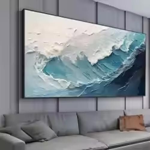 DHHXY Extragroßes Meereswellengemälde auf Leinwand, große Wandkunst, abstraktes minimalistisches Gemälde, blaues Meer, Wandkunst, Wohnzimmerdekor, 50 x 100 cm, ungerahmt