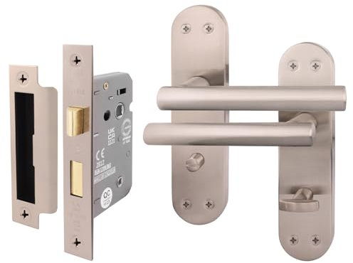 EAI Satin Bathroom Door Handle Set | 1 Pair of Satin Nickel Internal T-Bar Handles on Backplate with Lock (64mm) | Oliena Range