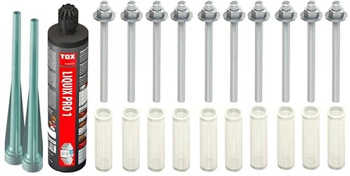 Schwerlast-Befestigungsset mit ZULASSUNG : 10x 8x130mm Ankerstangen gvz. + 1x Liquix Pro 1 + 10x 12x80mm Siebhülsen, Montagesets M6-M16 (Verzinkter Stahl, M8 x 130mm)