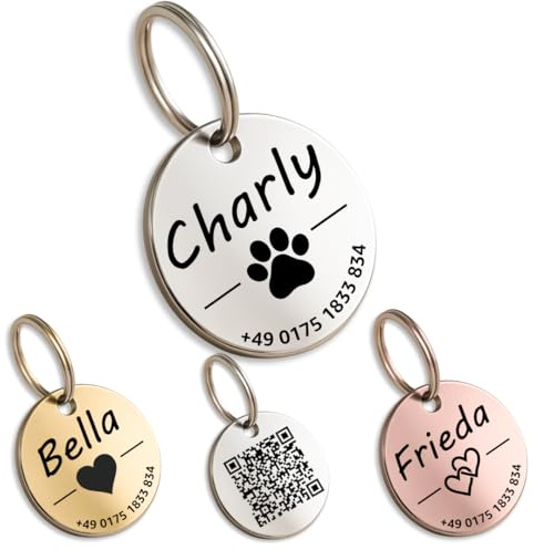 Hundemarke mit Gravur - Personalisiert - Edelstahl - ⌀23mm - Silber - Namensschild für Halsband - Dog Tag - Anhänger Marke für Hunde - mit Symbolauswahl - Tiermarke für Hunde, Katzen, Welpen, Pferde