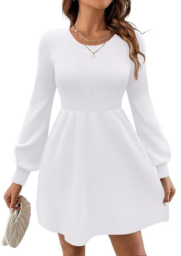 Zeagoo Abito Maglia Donna Girocollo Maniche Lunghe Elegante Vestito in Maglia con Maniche a Palloncino Vita Alta Linea A Minidress Bianco XL