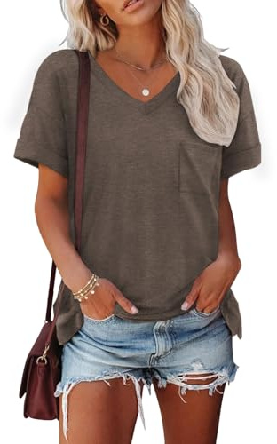 Cuptacc t-shirt damer sommar v-ringad basic top kortärmad lös elegant | Fritid, vardag, mode, lös, andas, klassisk, enkel, lätt och luftig, enfärgad, med ficka, elastisk
