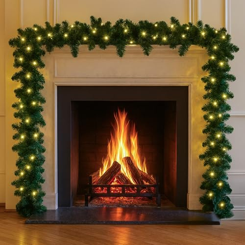 Christmas Garland with Lights 2.7m / 9FT – Pre-Lit Christmas Decoration with 70 Warm White LEDs – Extra Thick Artificial Green Garland for Fireplace, Stairs, Doors & Table Décor (With Lights, 2.7M)