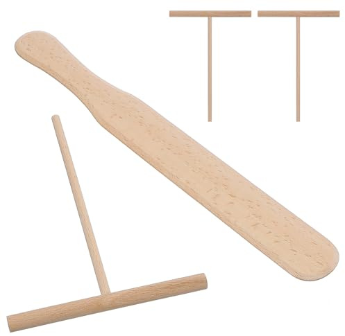 Juego de crepes de madera de haya con 4 herramientas: 1 espátula de madera (29 cm) y 3 herramientas en forma de T (12 cm cada una) para crepes, distribuidor de masa para tortitas, accesorios