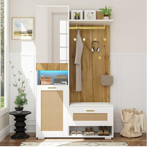 muenfly Ensemble de garde-robe moderne pour couloir - 110 x 38 x 190 cm - Miroir, banc et éclairage LED 16 couleurs - Aspect bois + blanc - Garde-robe compacte