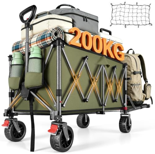 YEAUPE PRO Chariot Pliable 220L 200KG, Roues Larges Tout-Terrain, Olive | Porte Arrière Rabattable pour Objets Longs, Chariot de Plage Léger 10.5KG pour Jardin, Camping, Courses & Événements Sportifs