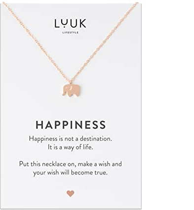 LUUK LIFESTYLE Collana Portafortuna con Ciondolo Elefante in acciaio inossidabile e Carta regalo HAPPINESS, Regali per Lei, Donna, Catenina in filigrana, Gioiello Moda, Oro rosa (50cm c.)