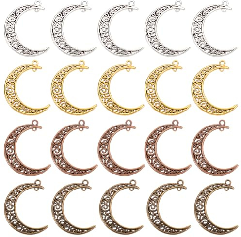 PandaHall 40 stücke 4 Farben Tibetischen Stil Legierung Höhlte Mond Charms Anhänger für Halskette Armband Schmuck DIY Handwerk Machen, Antike Bronze/Antike Goldene/Antike Silber/Rot Kupfer