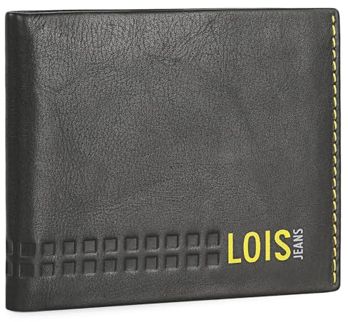 Lois - Cartera de Piel para Hombre - Cartera Hombre Piel con y Tarjetero, diseño Slim, Cuero auténtico, Regalo Elegante. Proteccion RFID, Negro-Amarillo