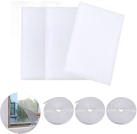 3 STK Moskitonetze für Fenster, 1.5m x 2m Mückenschutz Fenster, Unsichtbares Fenstergitter Insektenschutz, Verstellbares Fliegengitter Fenster Weiß mit 3 Rollen Selbstklebend Für Camper,Bug Bee (Weiß)