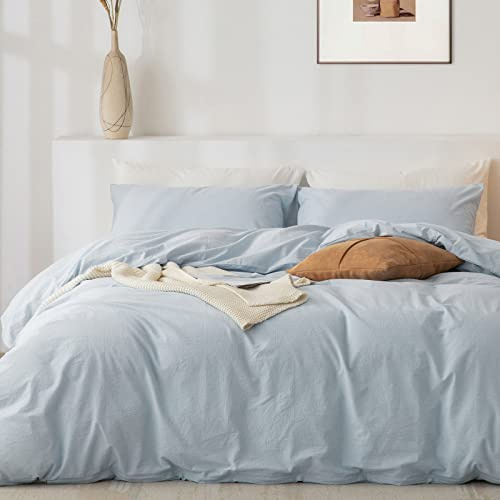 TIPTOE BEAR King Duvet Cover Set- 100% Washed Cotton 3 Pcs Soft Comfy Breathable Chic Linen Feel Bedding, 1 Duvet Cover and 2 Pillow Shams, Baby Blue