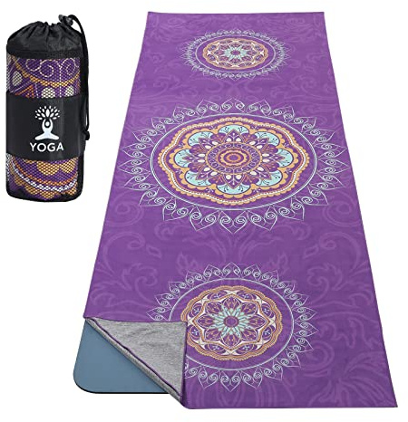 MoKo Manta de Yoga, [69,5x189cm] Toalla de Yoga Antideslizante de Poliéster Nylon con Bolsillos de Esquina para Colchonetas de Yoga Caliente, Secado Rápido para Gimnasio Pilates Playa, Mandala Púrpura