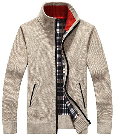 Vanchenl Herren Casual Full Zip Cardigans Slim Fit Thick Stand Kragen Strickpullover Jacke mit Taschen Khaki M