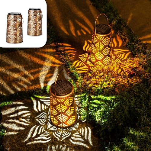 MUSUNIA Solarlaterne für außen - Vintage Metall Solarlampen für außen Hängend Dimmbar Licht Garten Deko 2 Stück, IP65 Wasserdicht Solarleuchten für außen, für Balkon Rasen Hof Gehweg Dekorationen