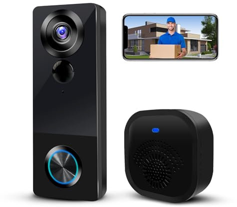 Wireless Video Doorbell Camera with Chime, 1080P HD Smart Door Bells Camera with Voice Changer, PIR Motion Detection, Night Vision, 2-Way Audio, IP66, 2.4G WiFi, Battery Powered,Works with Alexa