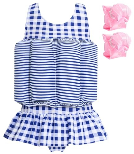 Summshall Baby Girls Swimsuit with Floatation Toddler One Piece Swimsuits Kids Swim Vest Swimwear Float Suit Summer Beach Bathing Suit Blue White